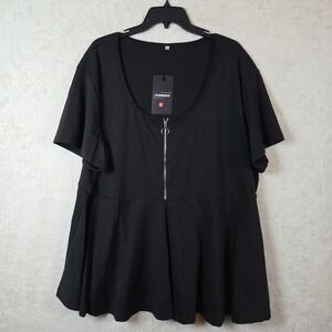 Fashion Women's 4xl Top Half Zip Short Sleeve Black Office Wear